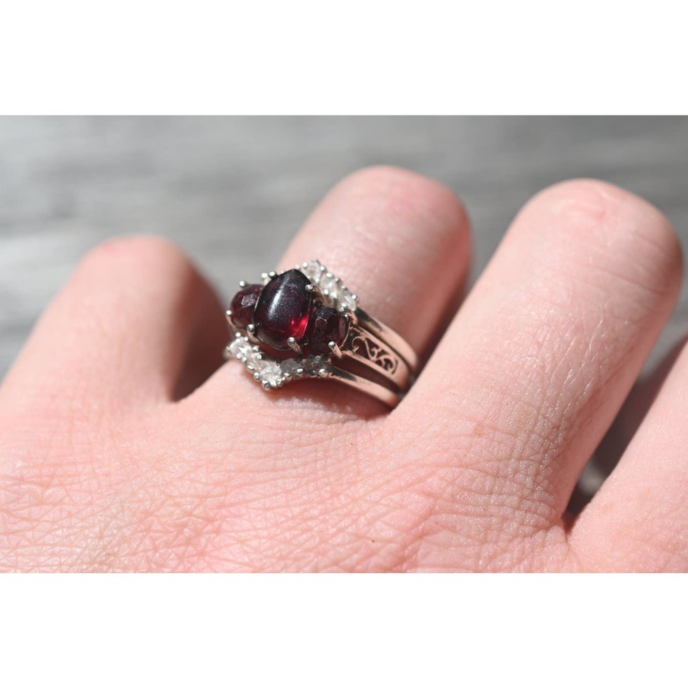 Raw Garnet and Diamond Engagement Ring set, Rough Diamond Wedding Band